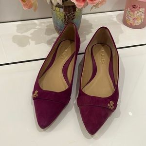 Magenta suede flats with pointed toe and gold accent by Ralph Lauren in size 6